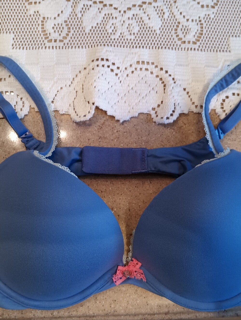 Victoria's Secret Cosign Blue with Pink Bow Accent and Lace Trim Push Up Bra